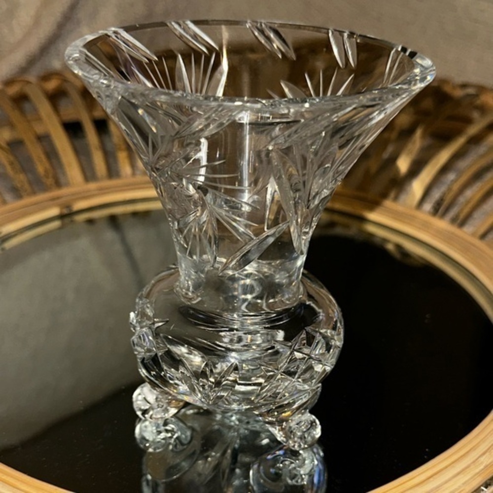 Vintage Bohemian Hand Cut Lead Crystal Pinwheel 3 Footed Vase